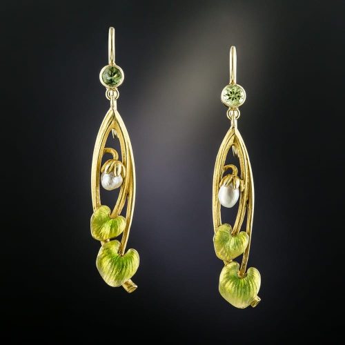 Art Nouveau Peridot and Pearl Earrings.