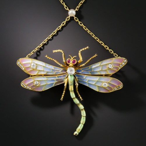Art Nouveau Diamond and Plique-a-Jour Dragonfly Pendant-Brooch.