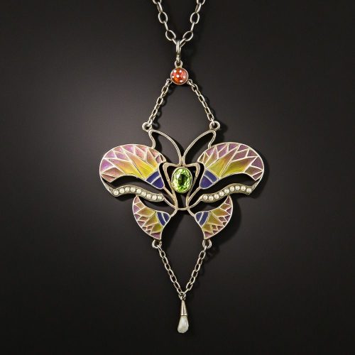 Plique-à-Jour and Pearl Butterfly Pendant Necklace.