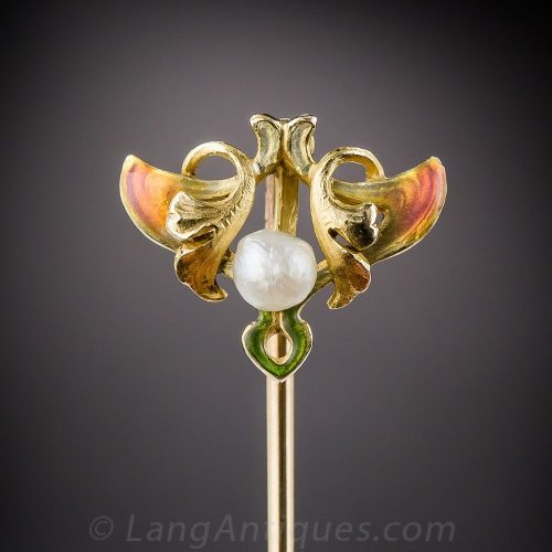 Art Nouveau Pearl and Enamel Stickpin, Krementz.