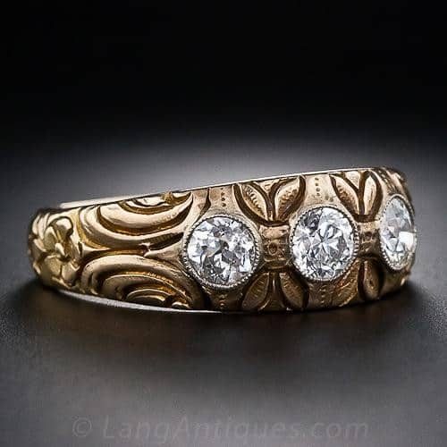 Art Nouveau Hand Carved Diamond and Gold Gypsy Ring.