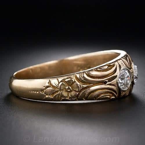Art Nouveau Hand Carved Diamond and Gold Gypsy Ring.