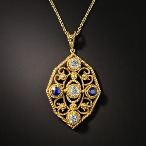 Arts & Crafts Twisted Wire Motif Sapphire and Diamond Pendant.