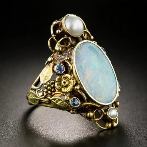 Arts & Crafts Opal, Sapphire and Pearl Ring.