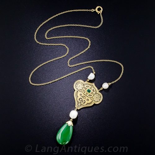 Arts & Crafts Jade, Pearl, and Emerald Pendant Necklace.