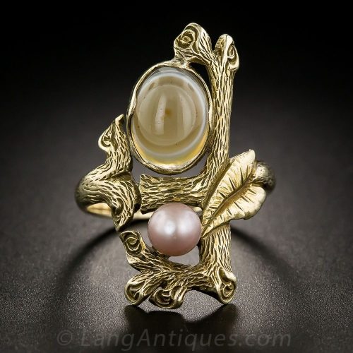 Arts & Crafts Natural Pearl and Agate Ring.