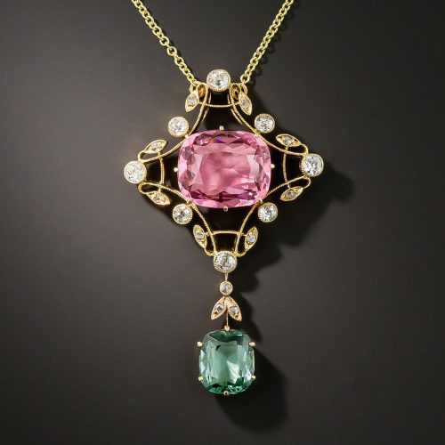 Arts & Crafts Tourmaline and Diamond Pendant Necklace.