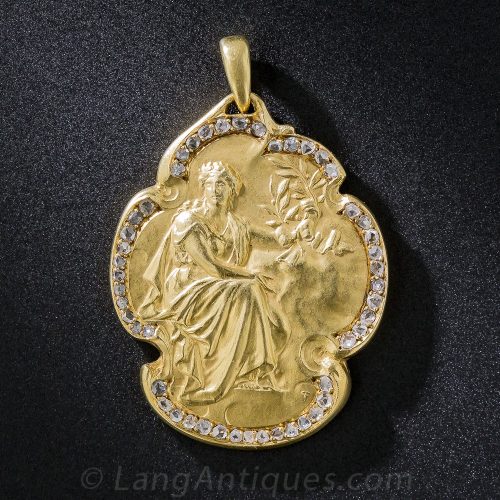 Belgian Art Nouveau Gold and Diamond Medal Jewel.