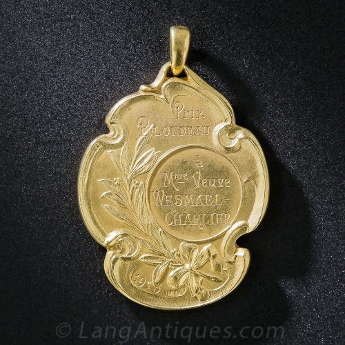 Belgian Art Nouveau Gold and Diamond Medal Jewel. (Reverse)