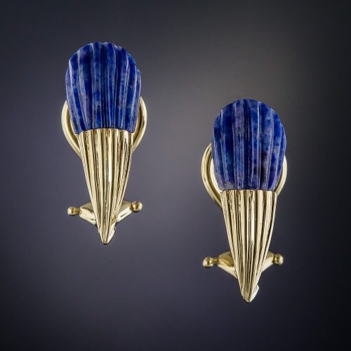 Carved Fluted Lapis Lazuli in Fluted Gold Earrings.