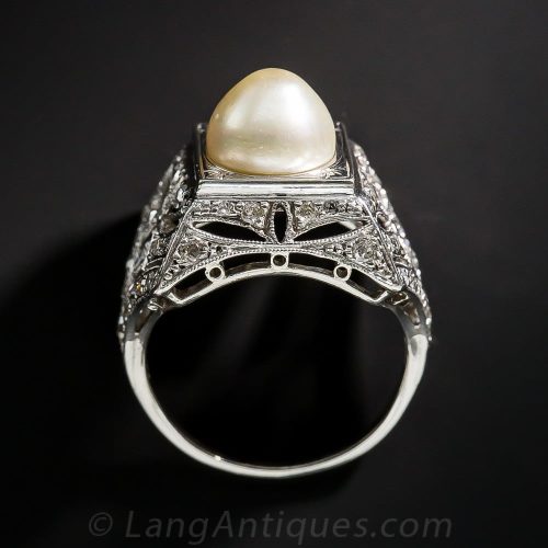 Early Art Deco Pearl and Diamond Ring with Elaborate Gallery.