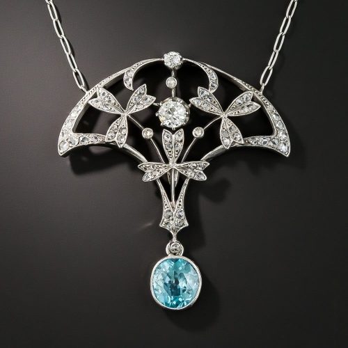 Edwardian Blue Zircon and Diamond Pendant Necklace.