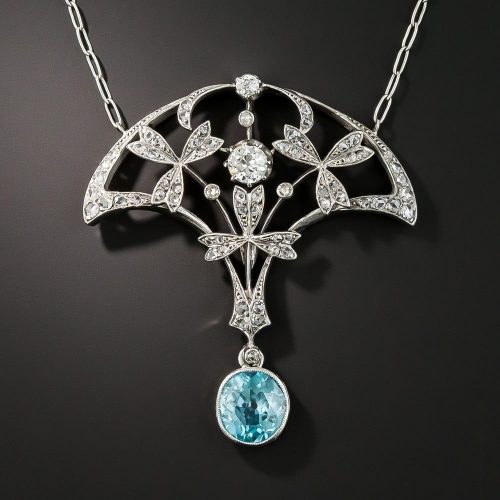 Edwardian Blue Zircon and Diamond Pendant Necklace. Edwardian Blue Zircon and Diamond Pendant Necklace.