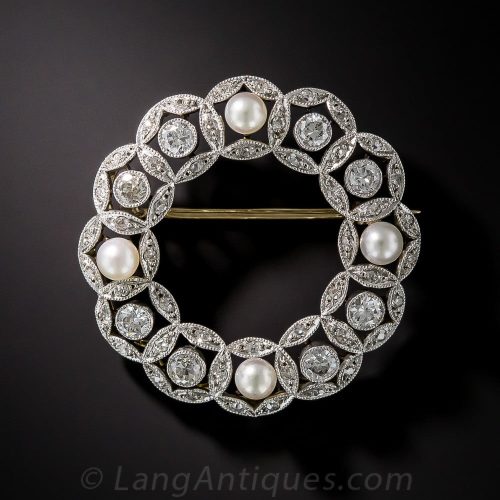 Edwardian Diamond and Natural Pearl Wreath Brooch.