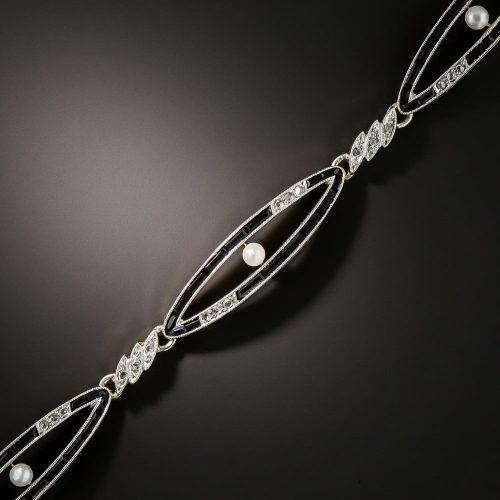 Edwardian Onyx, Pearl, and Diamond Bracelet.