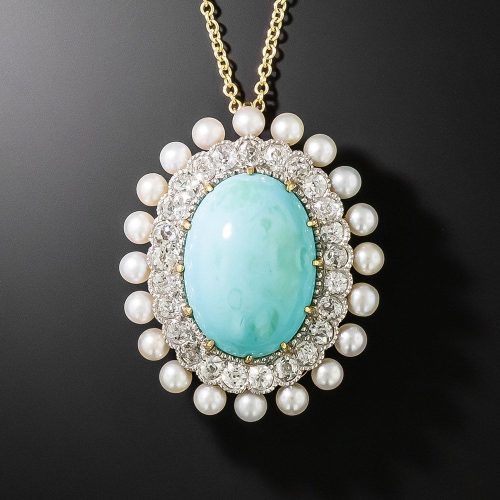 Edwardian Turquoise, Diamond and Seed Pearl Pendant, Marcus & Co.