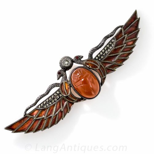 Egyptian Revival Sterling Silver Scarab Brooch with Marcasite Accents.
