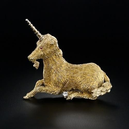 Diamond & Textured Gold Unicorn Brooch. Diamond & Textured Gold Unicorn Brooch.