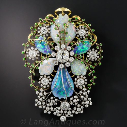 French Art Nouveau Opal and Diamond Brooch.