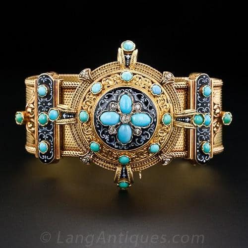 French Antique Turquoise, Diamond, and Grisaille Enamel Bracelet.