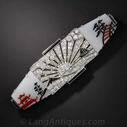 French, Art Deco Japanesque Mother-of-Pearl Backed Glass with Diamonds, Onyx, and Enamel.