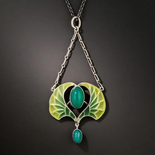 French Egyptian Revival Chrysoprase and Plique-a-Jour Enamel Necklace.