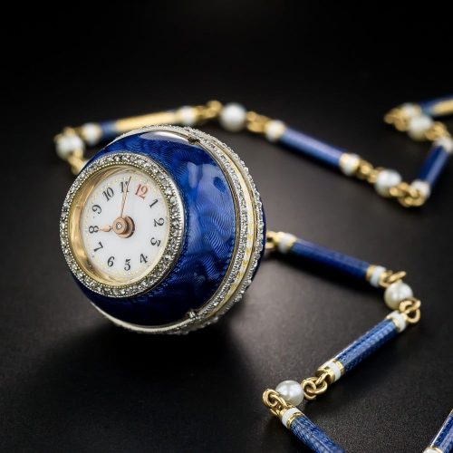 French Guilloche Enamel and Diamond Ball Pendant Watch.