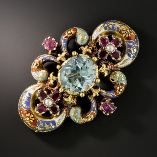 Polychrome Enamel Aquamarine, Ruby, and Pearl Brooch, c. Mid-1800s.