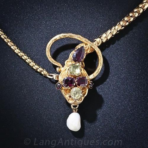 Georgian Multi-Colored Gemstone Snake Necklace.