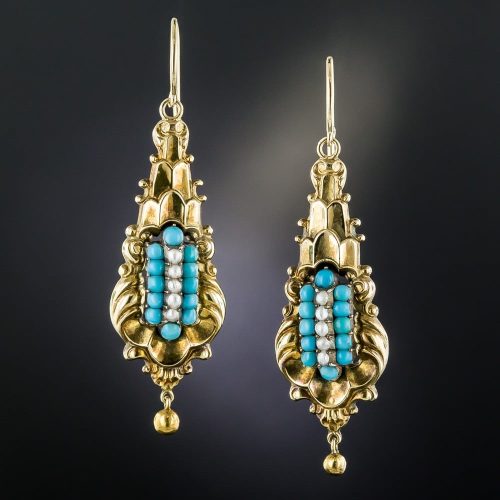 Georgian Turquoise and Seed Pearl Earrings.