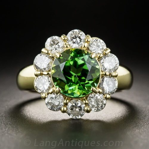 Green Tourmaline and Diamond Halo Ring. The Tourmaline Color is a More Yellow Green from this Crystal Direction - Exhibiting Pleochroism.