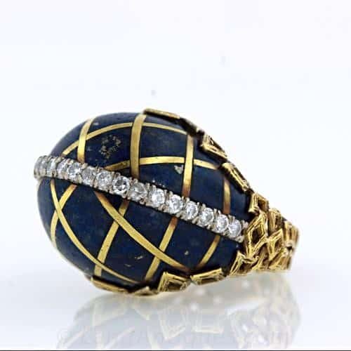 Lapis Lazuli and Diamond Ring Inlaid with Gold Design.