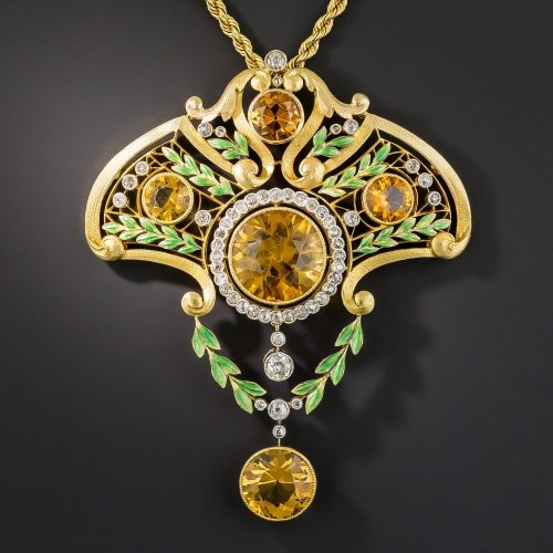 French Art Nouveau Citrine and Diamond Lavaliere.