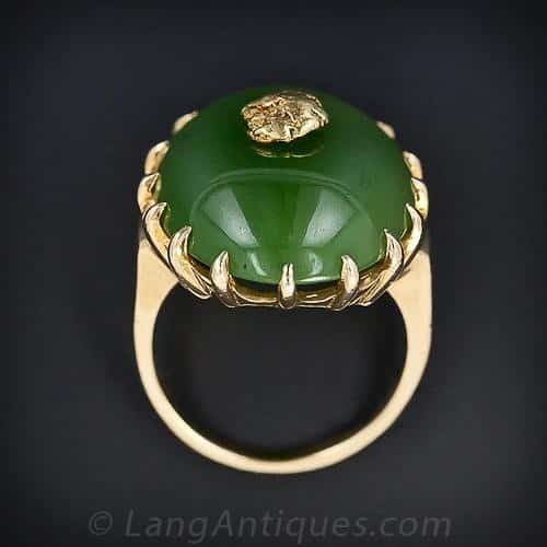 Nephrite and Gold Nugget Ring with Prong Surround.