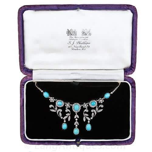 S.J. Phillips Victorian Turquoise and Diamond Necklace in a Signed Fitted Box.