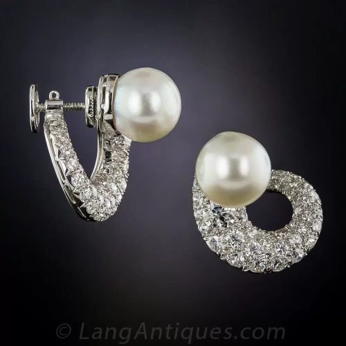 Mid-Century Diamond and Pearl Earrings with a Screwback Finding.