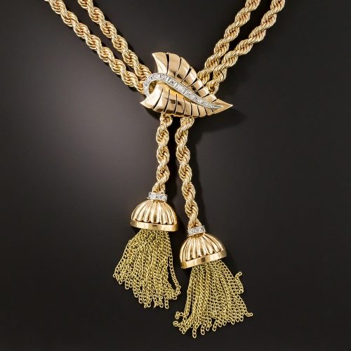 Mid-Century Diamond and Gold Tassel Necklace.