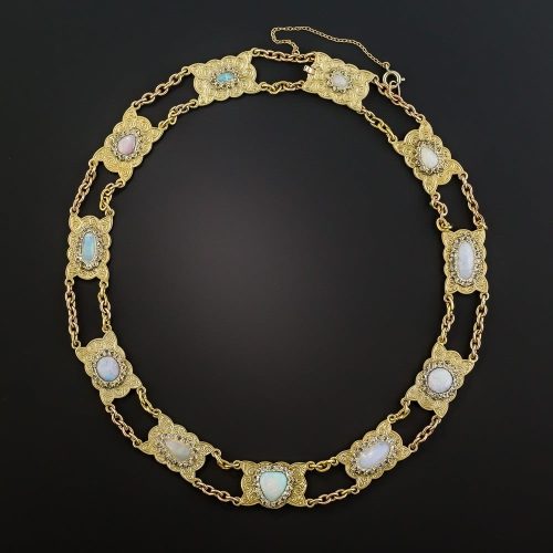 Mid-Century Opal and Rose-Cut Diamond Necklace Composed of Scalloped Plaques Connected by Oval Links.