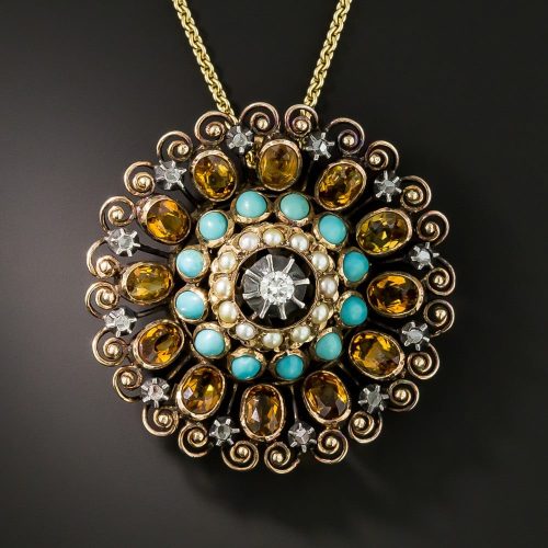 Mid-Century Turquoise, Pearl, Citrine, and Diamond Brooch with Scrollwork Border.