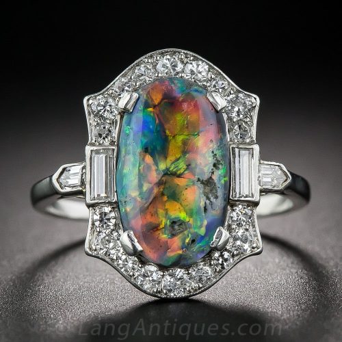 Black Opal, Diamond, Platinum Ring Exhibiting Play-of-Color.