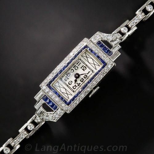 Art Deco Diamond, Sapphire, and Platinum Wristwatch.