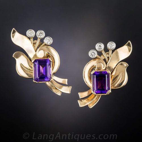 Retro Amethyst and Diamond Rose Gold Ear Clips.