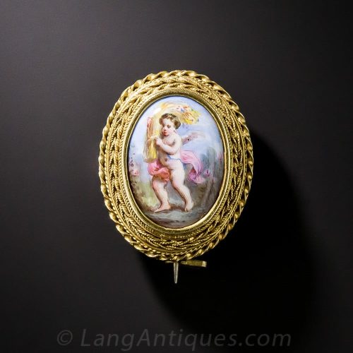 Victorian Painted Enamel Winged Putto Depicted Harvesting Wheat.