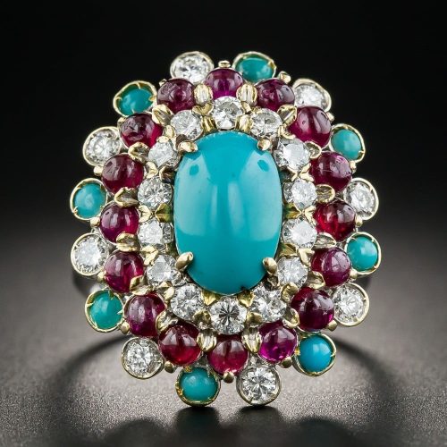 Turquoise Ruby and Diamond Cocktail Ring