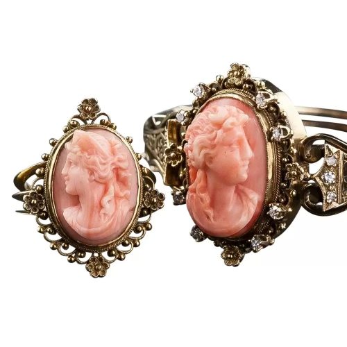 Victorian Coral Cameo Bracelet and Ring.