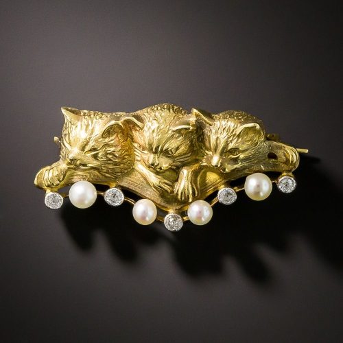 Victorian Diamond and Pearl Kitten Brooch. Victorian Diamond and Pearl Kitten Brooch.