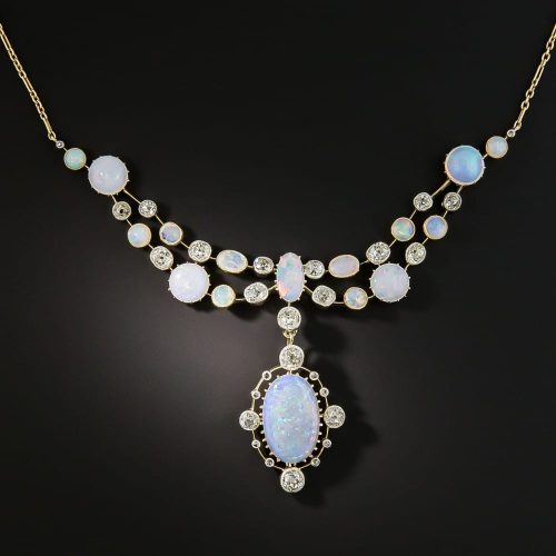 English Victorian Opal and Diamond Festoon Necklace.