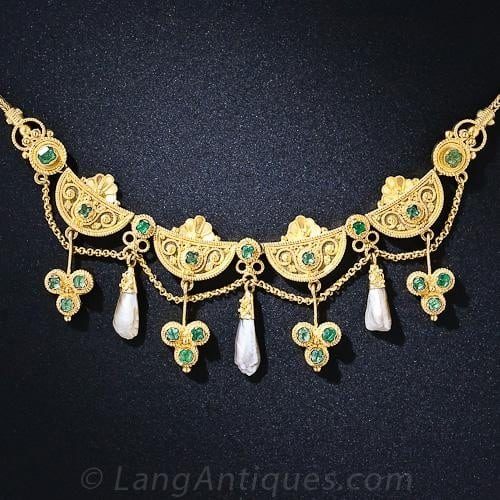 Etruscan Revival Emerald and Pearl Necklace with Trefoil Motifs.