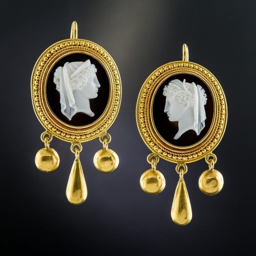 Etruscan Revival Cameo Silhouette Hardstone Earrings.