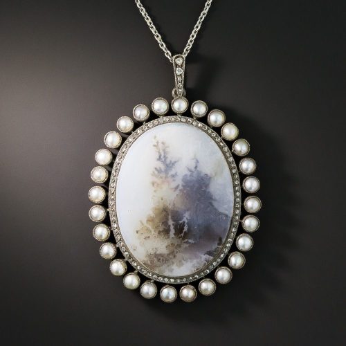 Victorian Moss Agate, Diamond and Seed Pearl Pendant.